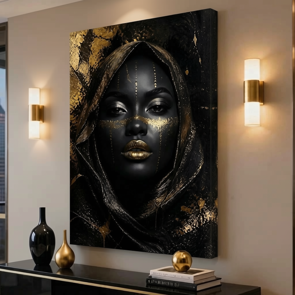 Black Woman Wall Art – Obsidian Queen | Black & Gold Luxury Portrait Canvas Print