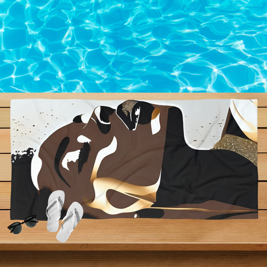 Black Woman Beach Towel | Elegant Afrocentric Gold & Neutral Abstract | (30” x 60” / 36” x 72”)