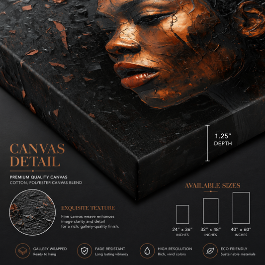 Black Woman Wall Art – Black & Copper Afrocentric Canvas Print | Luxury African American Portrait Wall Decor