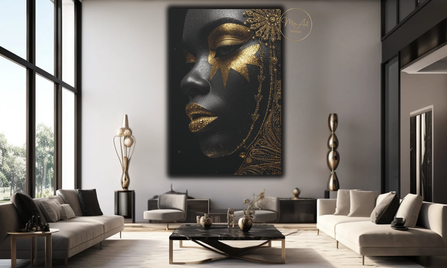 Black Woman Wall Art – Celestial Queen in Black & Gold / Canvas Print