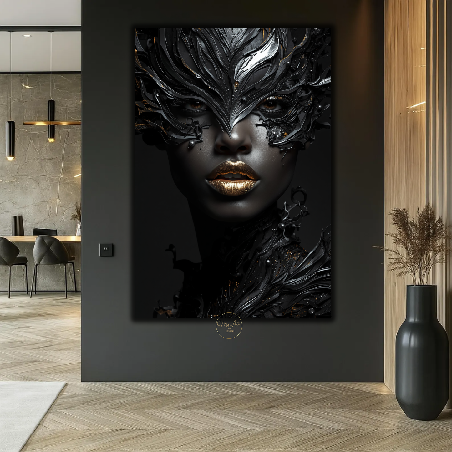 Afrocentric Black Woman Wall Art – Modern Black, Silver & Gold Abstract Canvas Print
