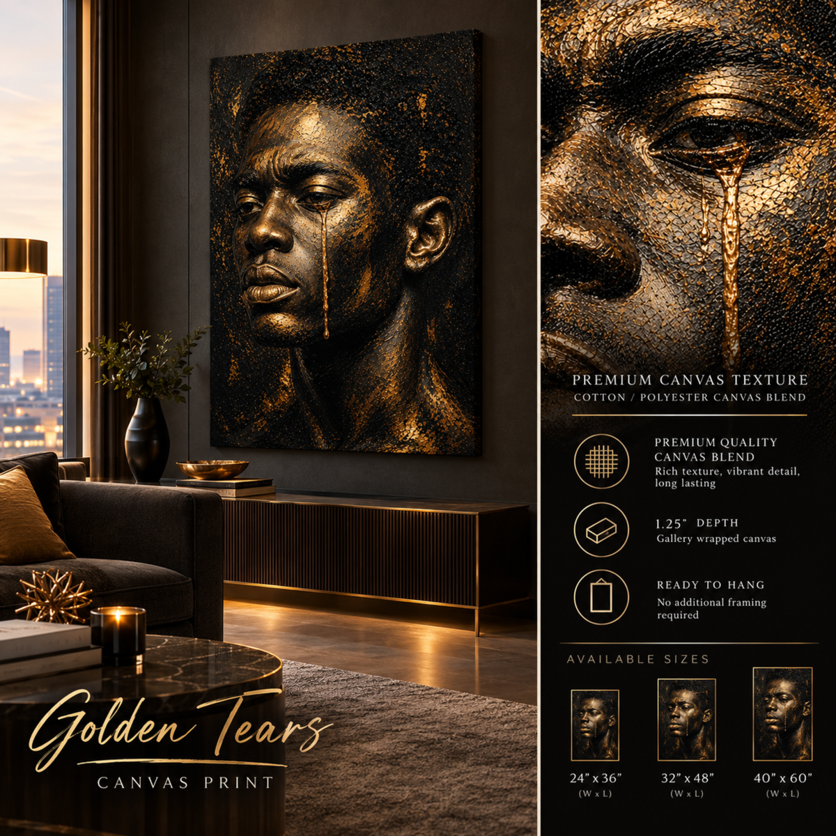 Black Man Wall Art – Golden Tears | Emotional Black & Gold Canvas Print