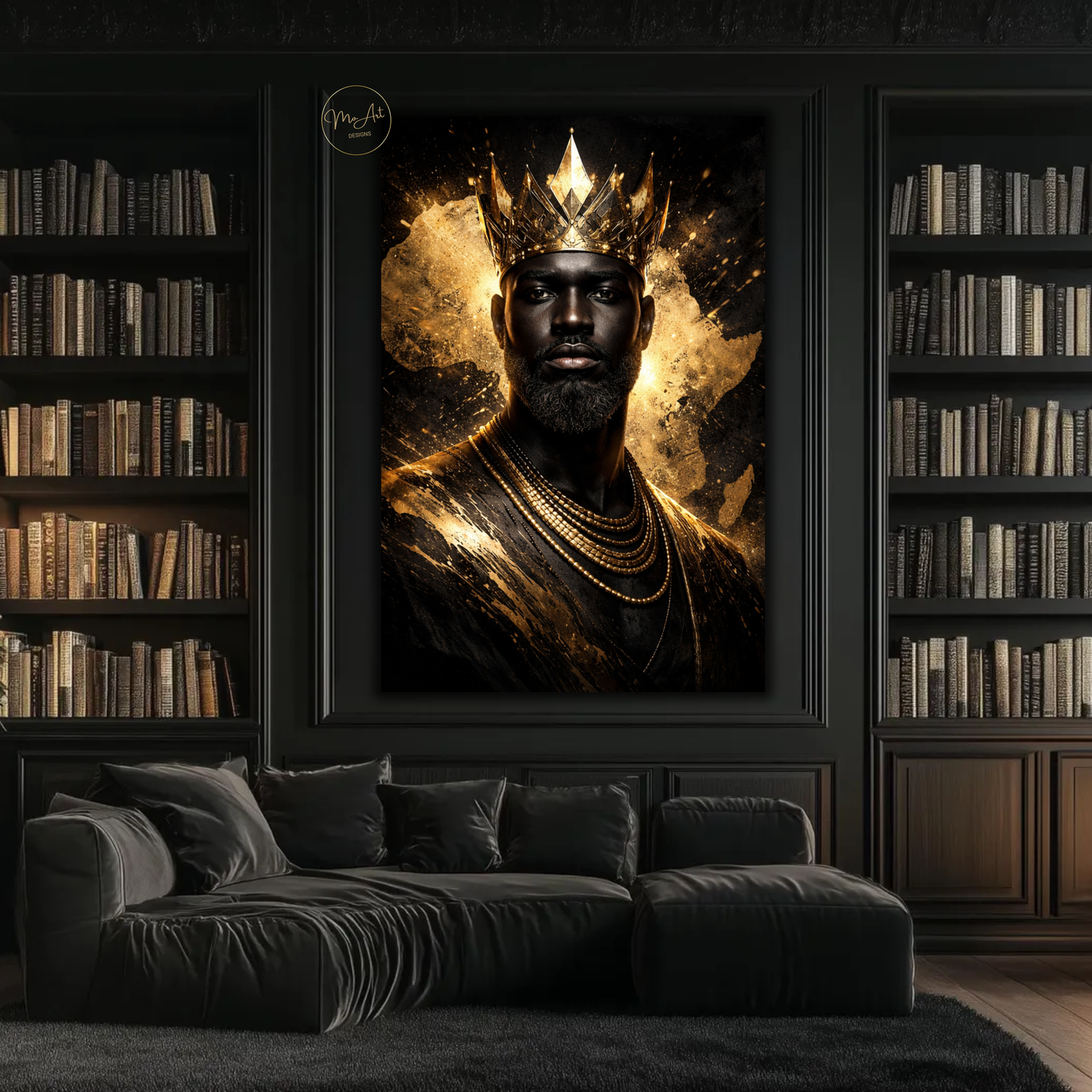 Black King Wall Art – African Royalty Gold Crown Canvas Print for Modern Luxury Decor