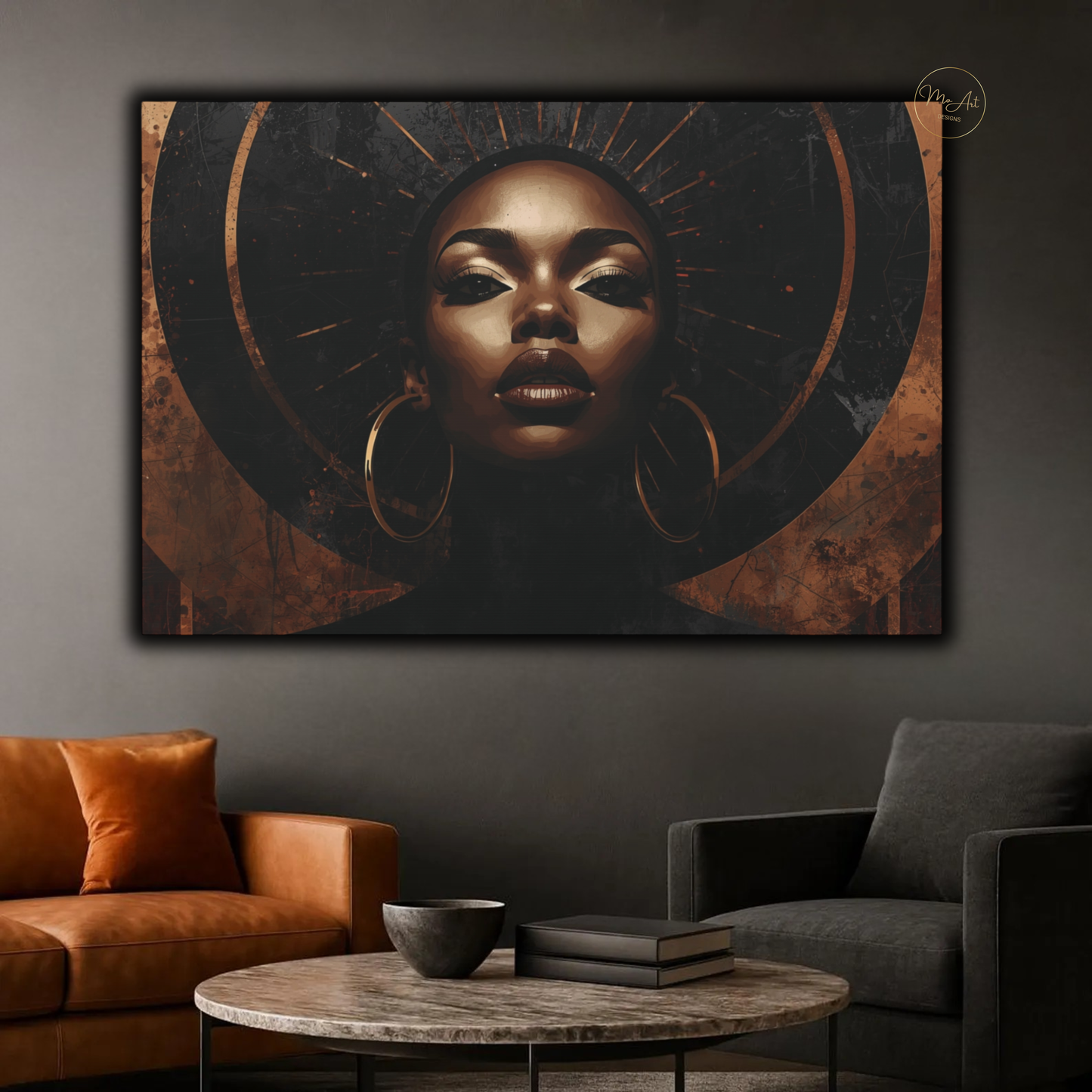 Black Woman Wall Art – Elegant Afrocentric Copper & Black Abstract Canvas Print
