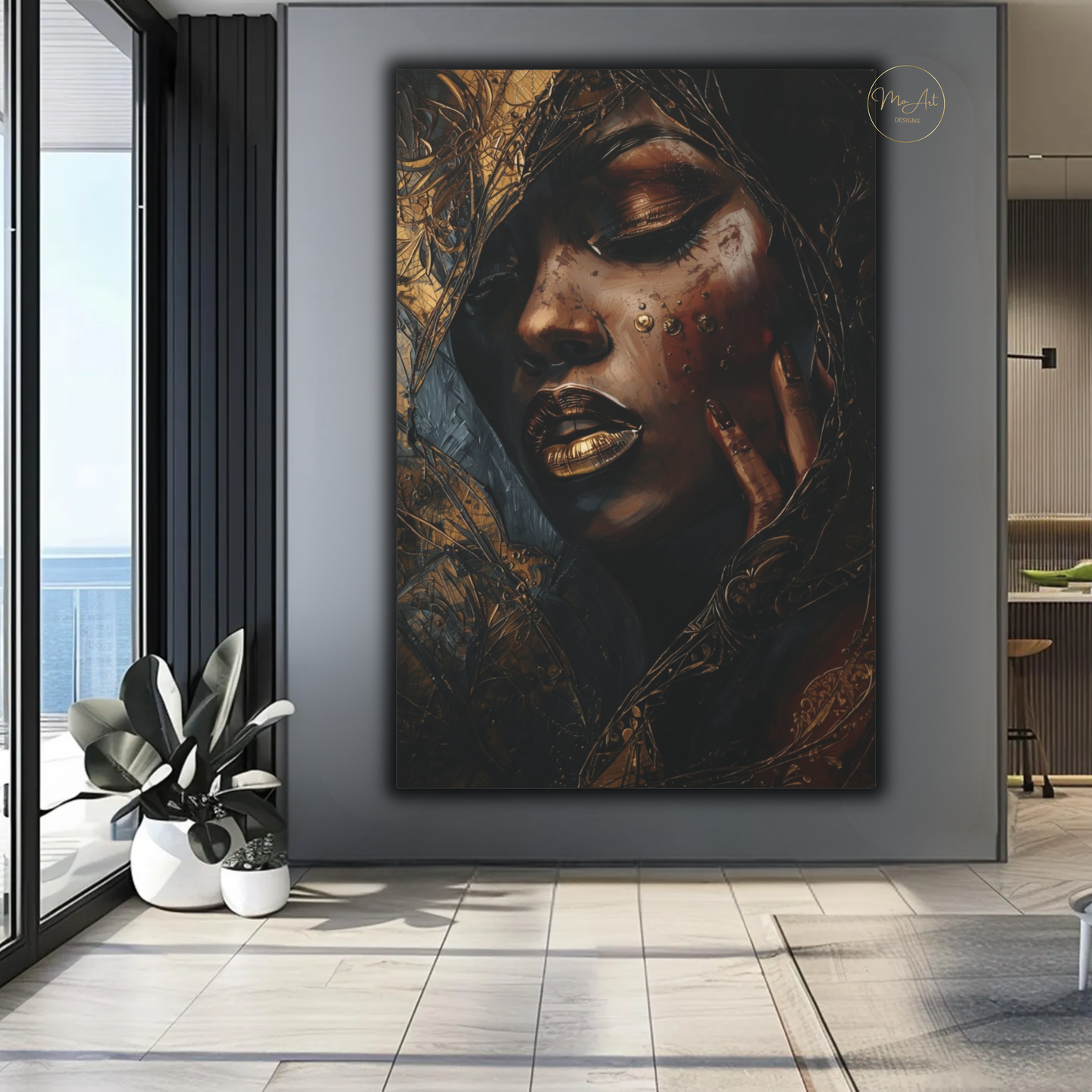 Black Woman Wall Art – Luminous Depth | Black & Gold Luxury Canvas Print