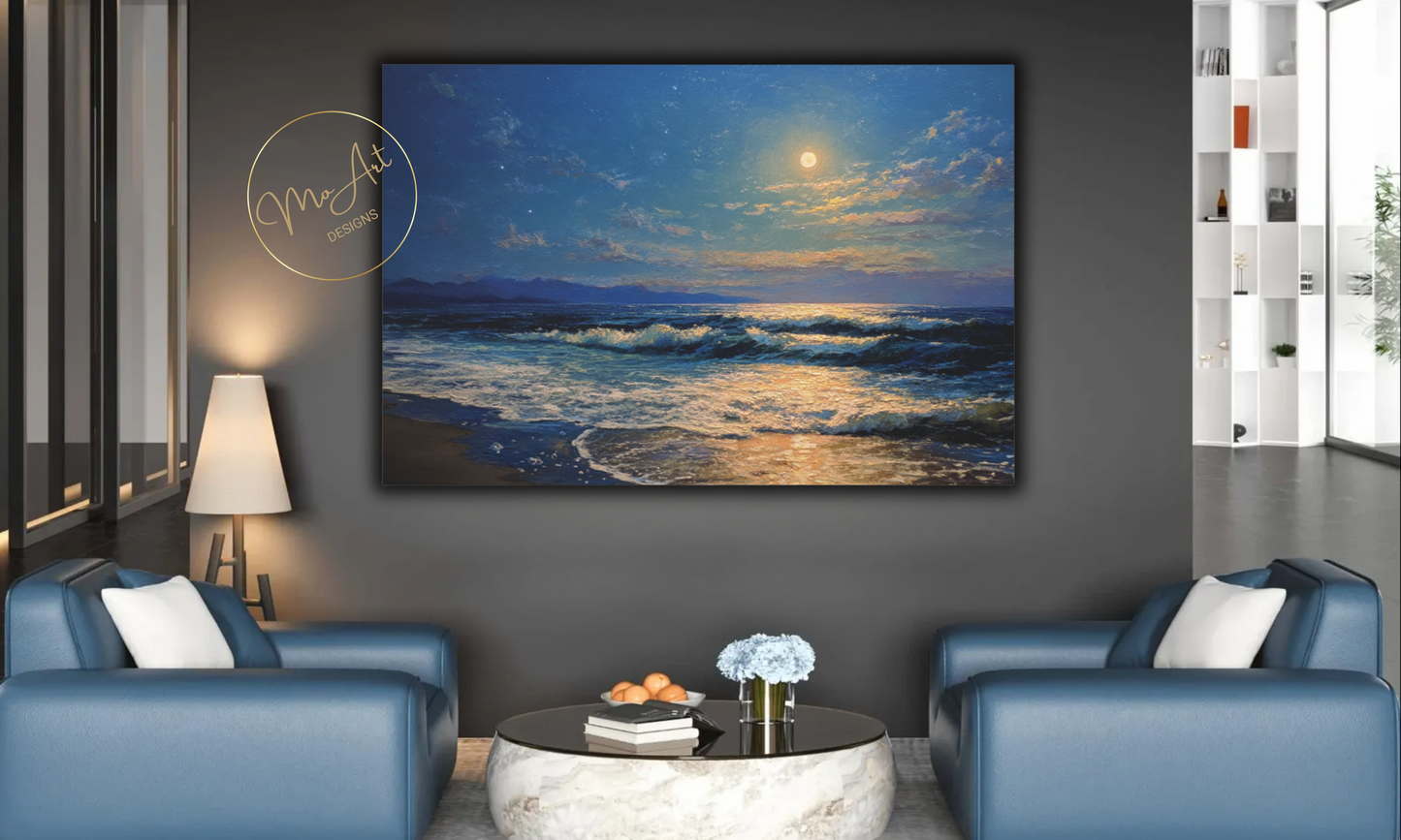 Moonlit Serenade Over Ocean Waves Canvas Wall Art