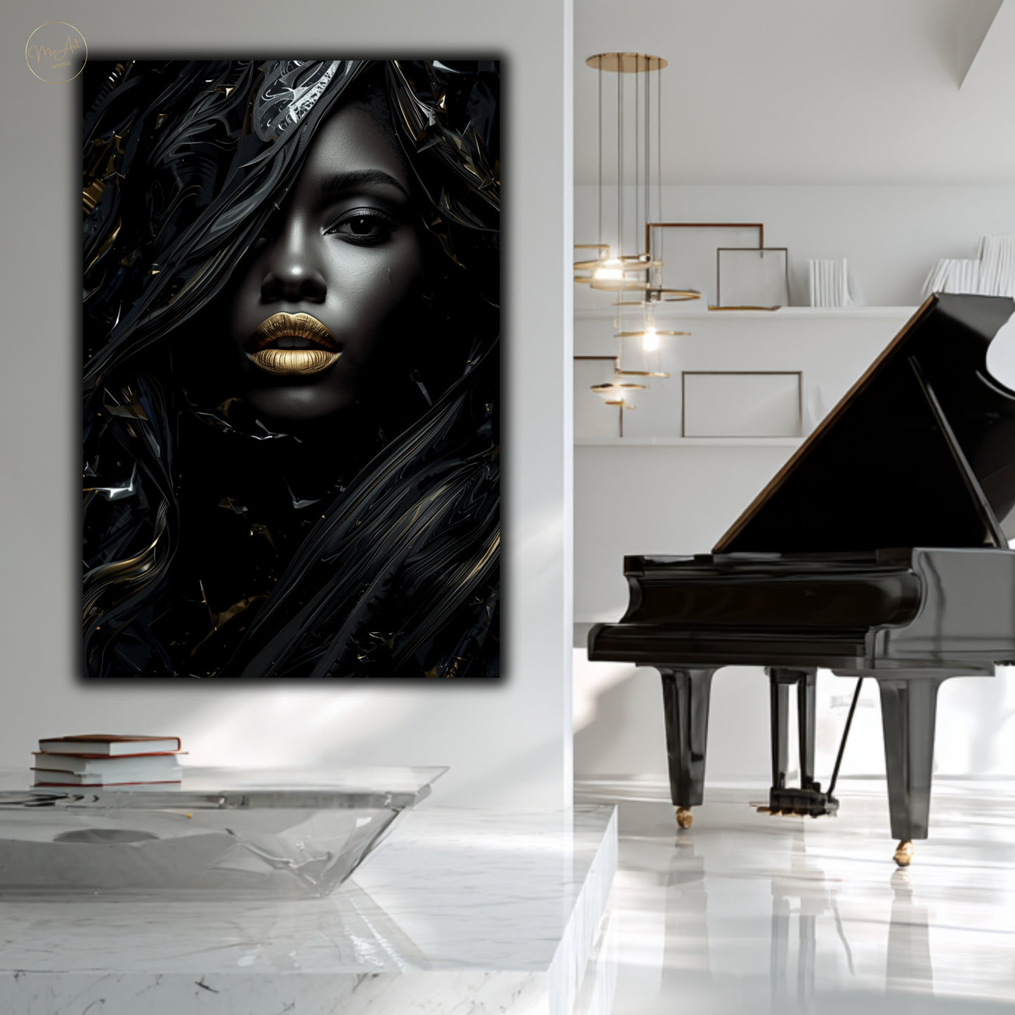 Black Woman Wall Art – Afrocentric Fashion Diva | Luxury Black & Gold Abstract Canvas Print