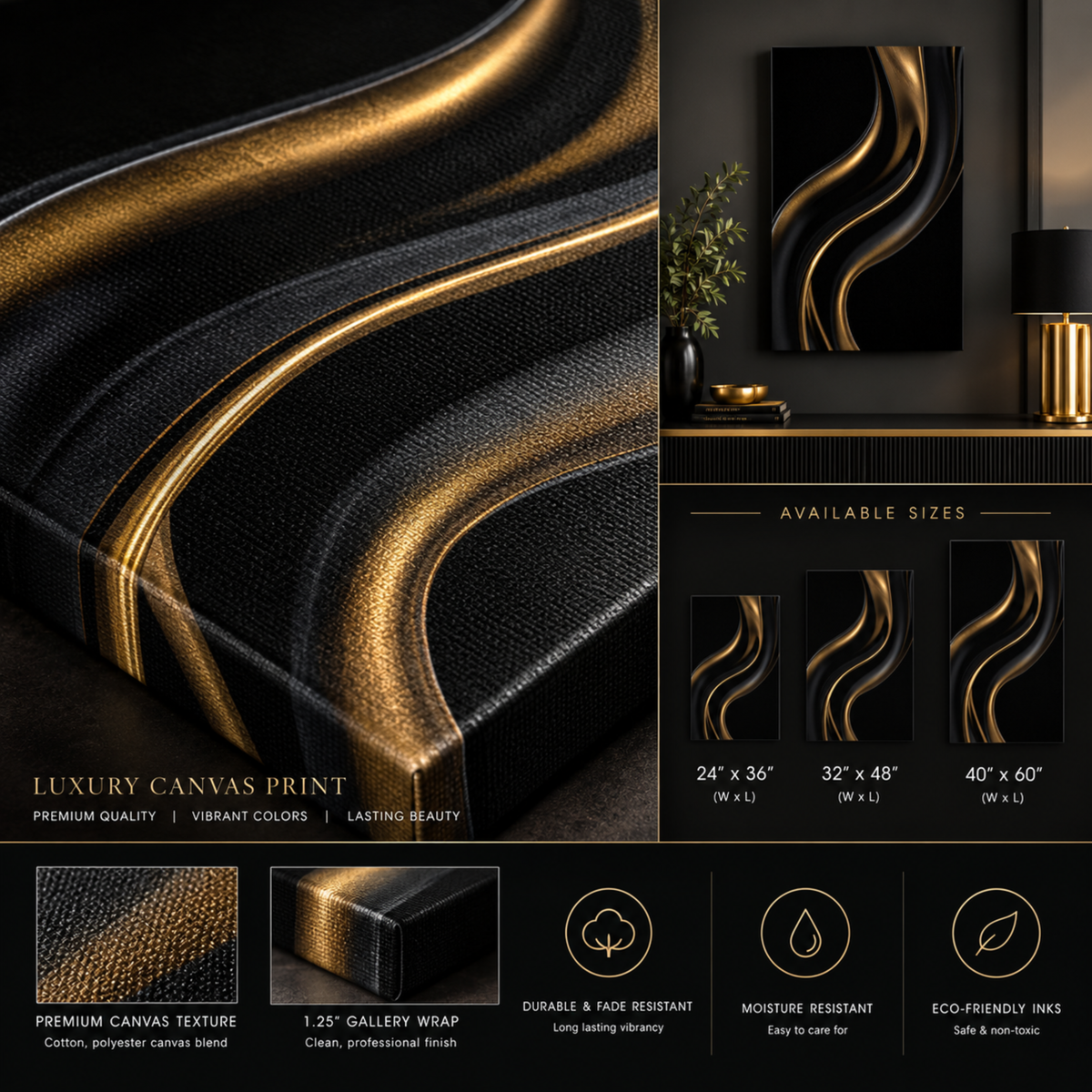 Black and Gold Abstract Wall Art | Modern Luxury Canvas Print for Home Decor