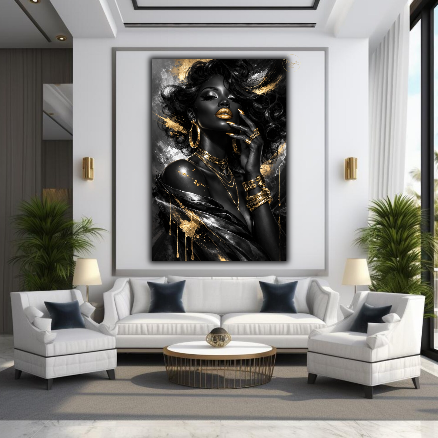 Black Woman Wall Art – Black & Silver Glam with Gold Lips | Luxury Afrocentric Canvas Print
