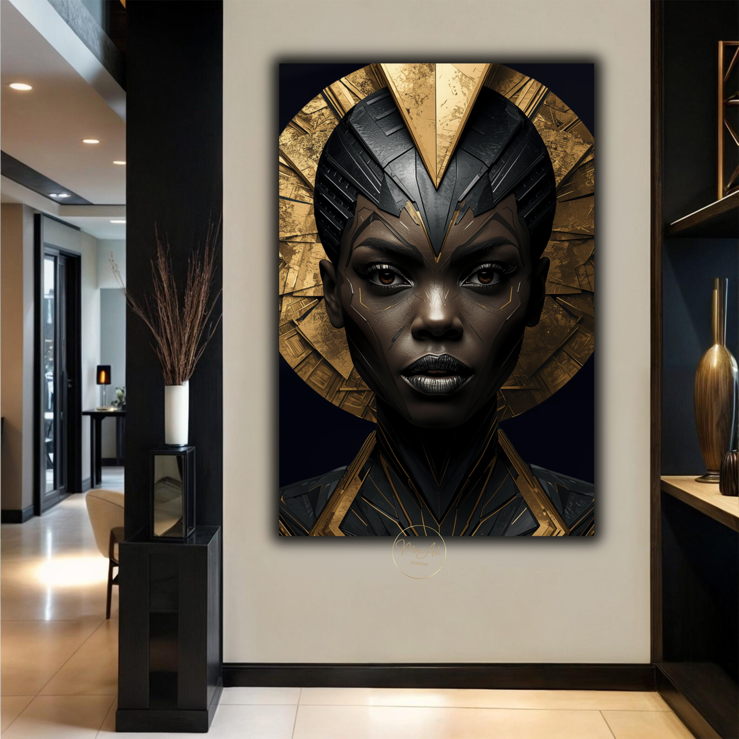 Black Woman Wall Art – Bold African Warrior Goddess | Premium Black & Gold Canvas Print