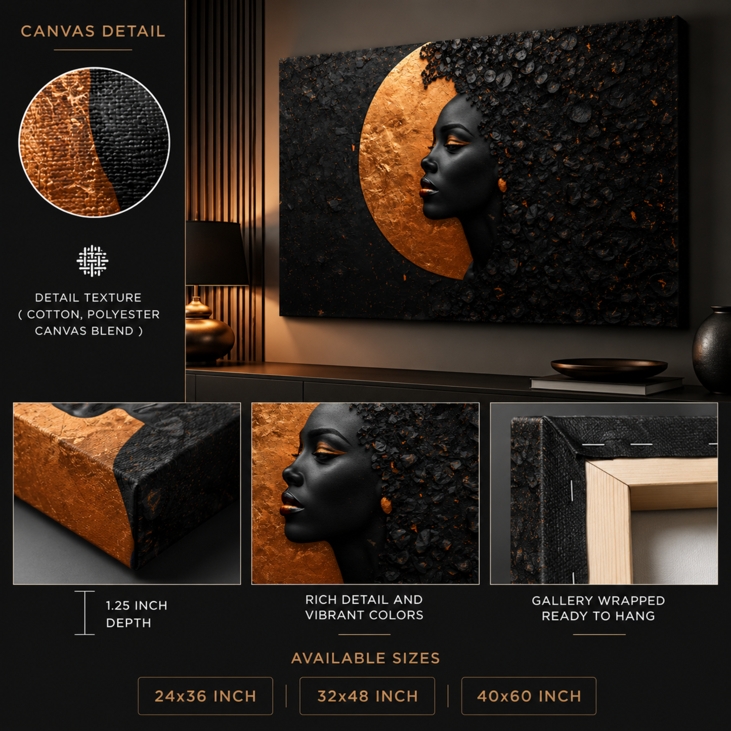 Black Woman Wall Art – Abstract Afrocentric Portrait in Black & Copper | Luxury African American Canvas Print