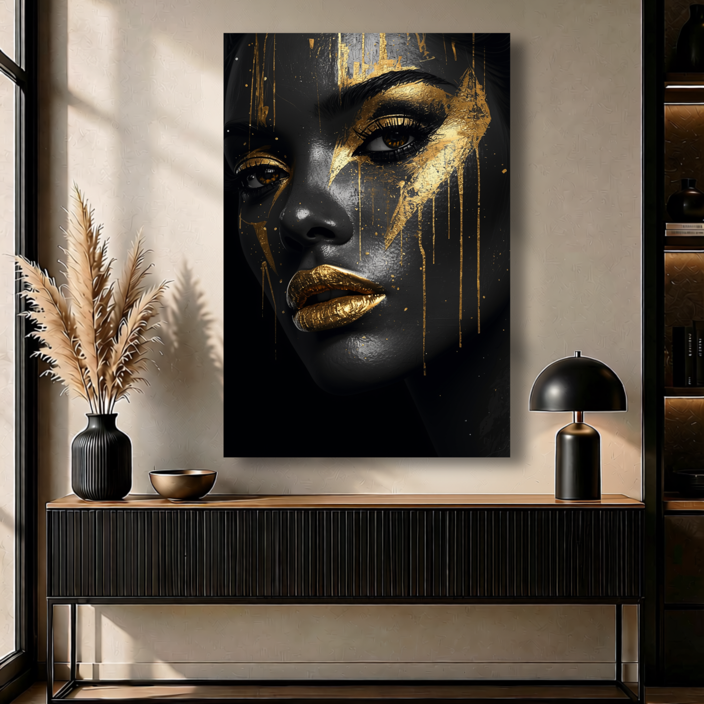 Black Woman Wall Art – Abstract Black & Gold Canvas Print | Luxury Afrocentric Wall Decor