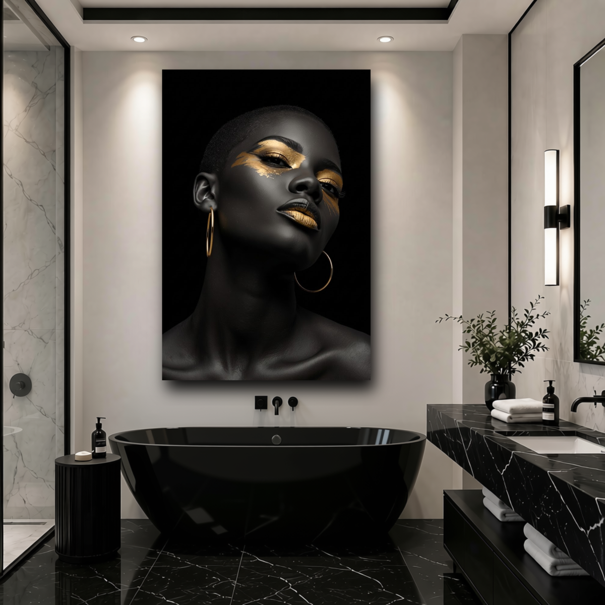 Black Woman Wall Art – Short Hair Queen | Black & Gold Afrocentric Canvas Print