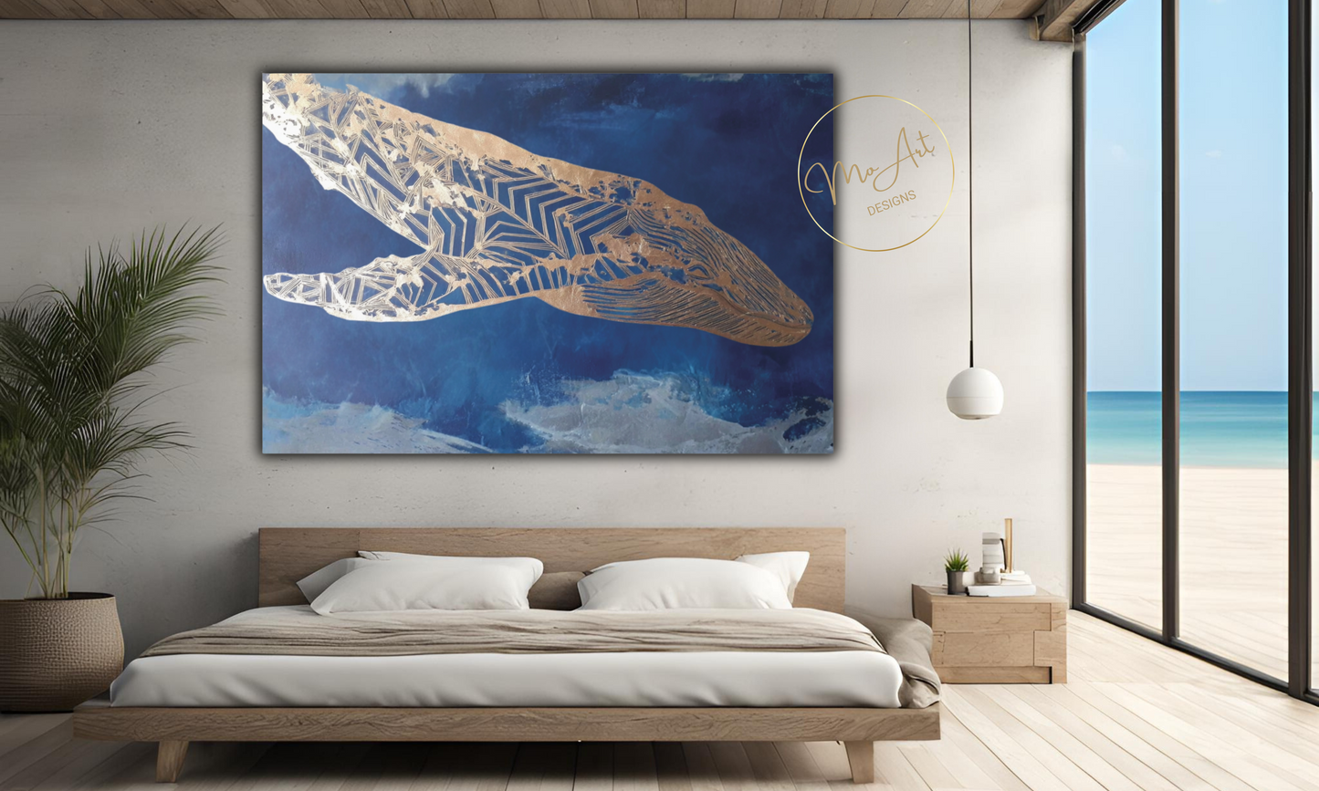 Gold and Blue Whale Abstract Canvas Wall Art