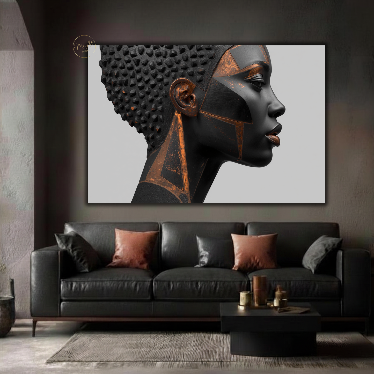 Black Woman Wall Art – Afrocentric Black & Copper Abstract Canvas Print