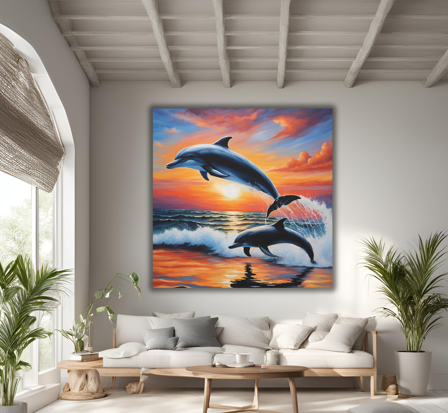 Dolphin Mother with Calf at Sunset - Canvas Wall Art