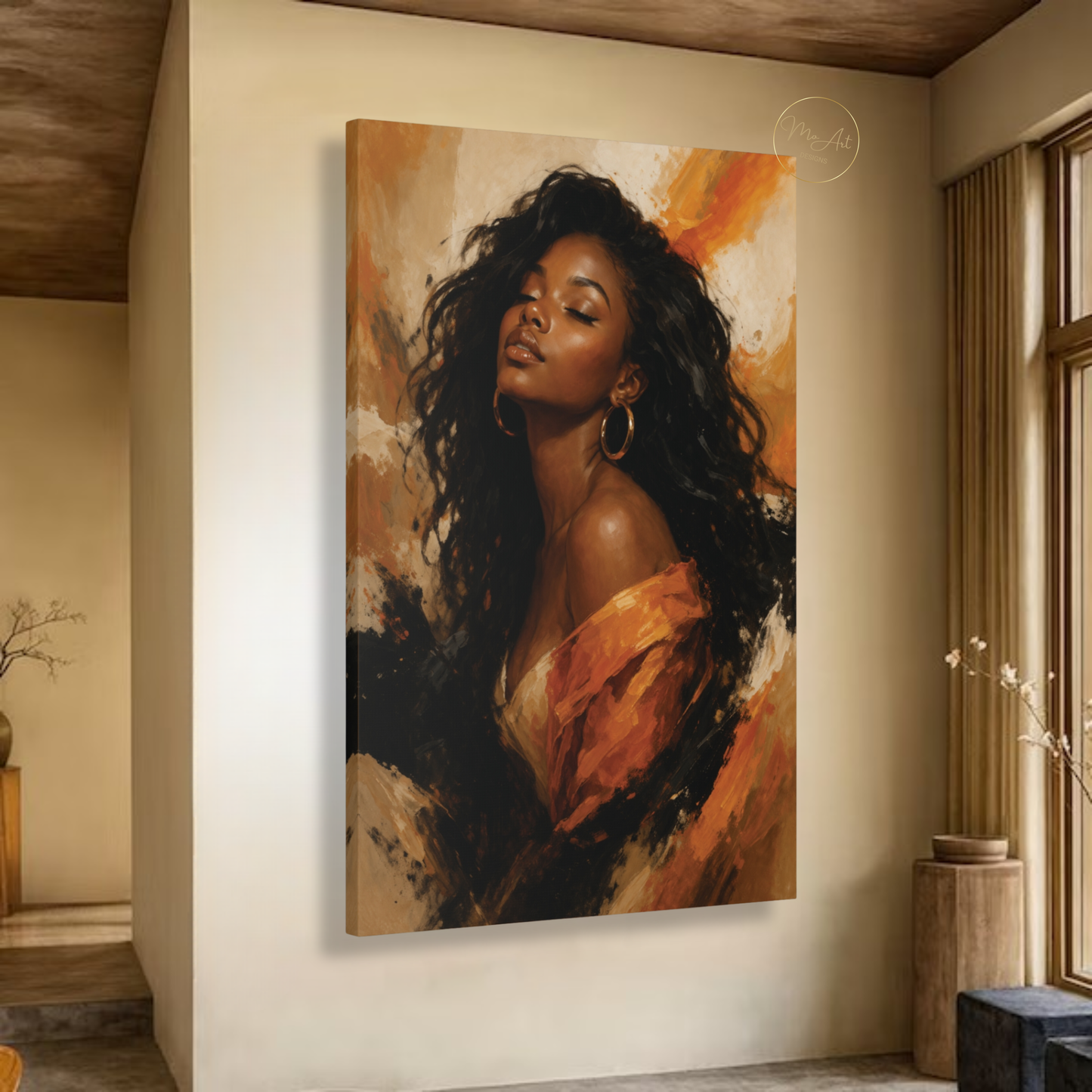 Black Woman Wall Art – Elegant Afrocentric Orange & Beige Abstract Canvas Print