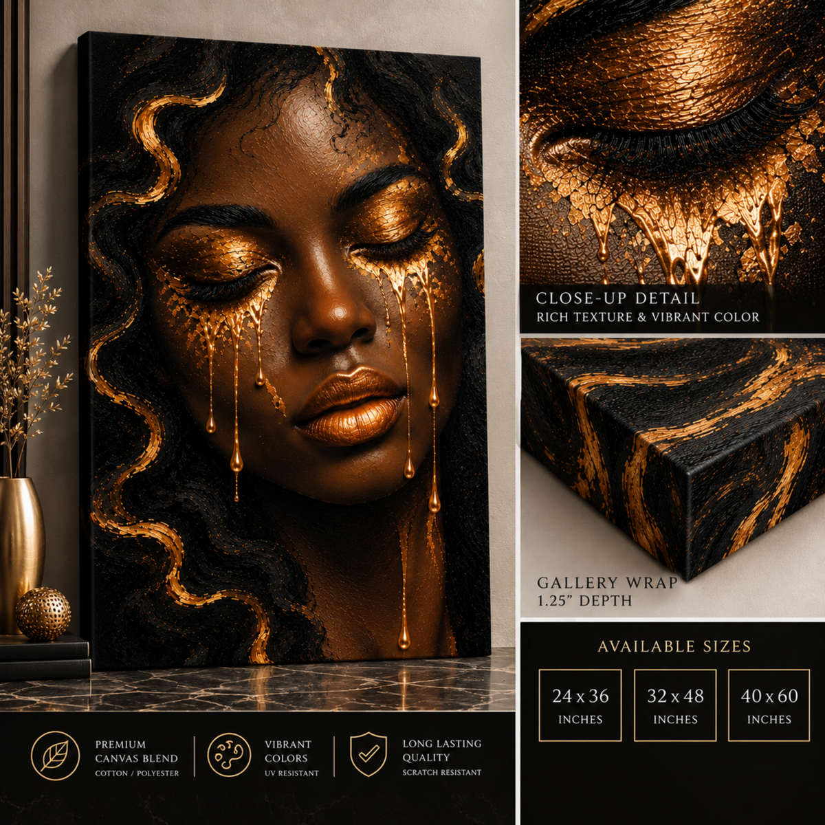 Black Woman Wall Art - Golden Tears Black & Gold Canvas Print | Afrocentric Home Decor