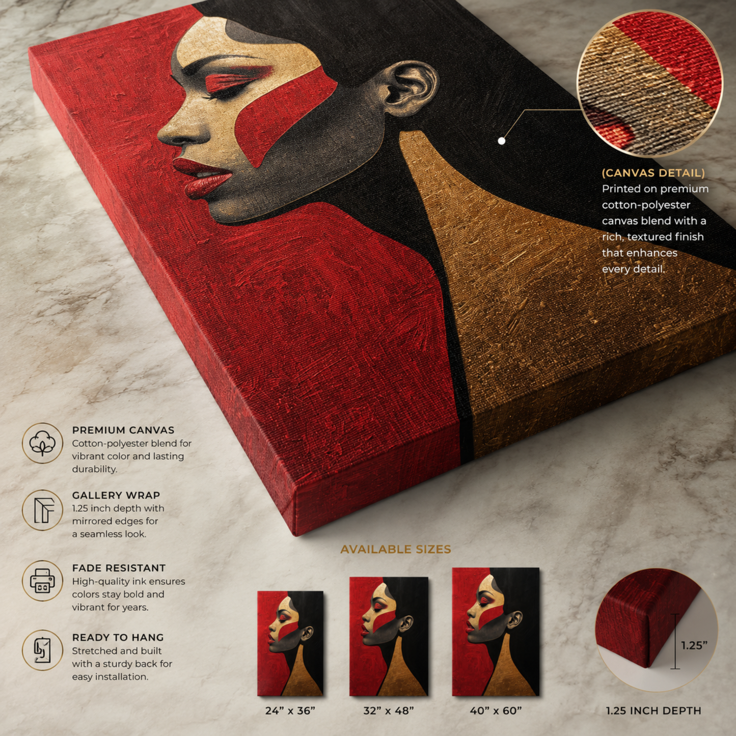 Black Woman Wall Art – Abstract Afrocentric Canvas Print | Black, Red & Gold Modern Wall Decor