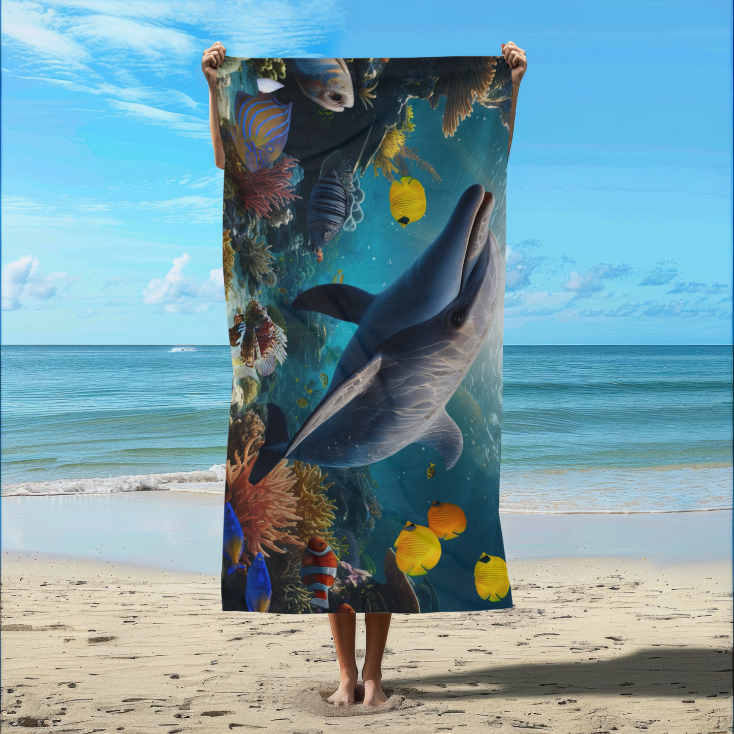 Dolphin with Tropical Fish -  Beach Towel