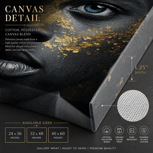African American Wall Art – Black Boy with Blue Eyes Black & Gold Canvas Print | Luxury Afrocentric Decor