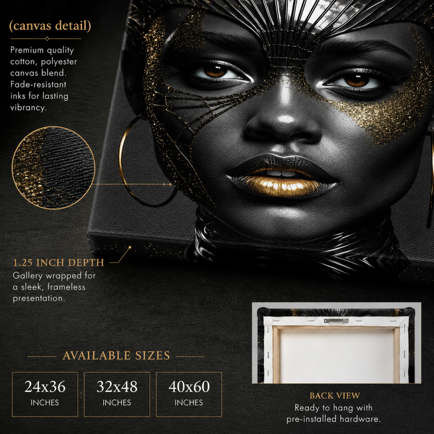 Black Woman Wall Art – High Fashion Afrocentric Gold & Black Canvas Print