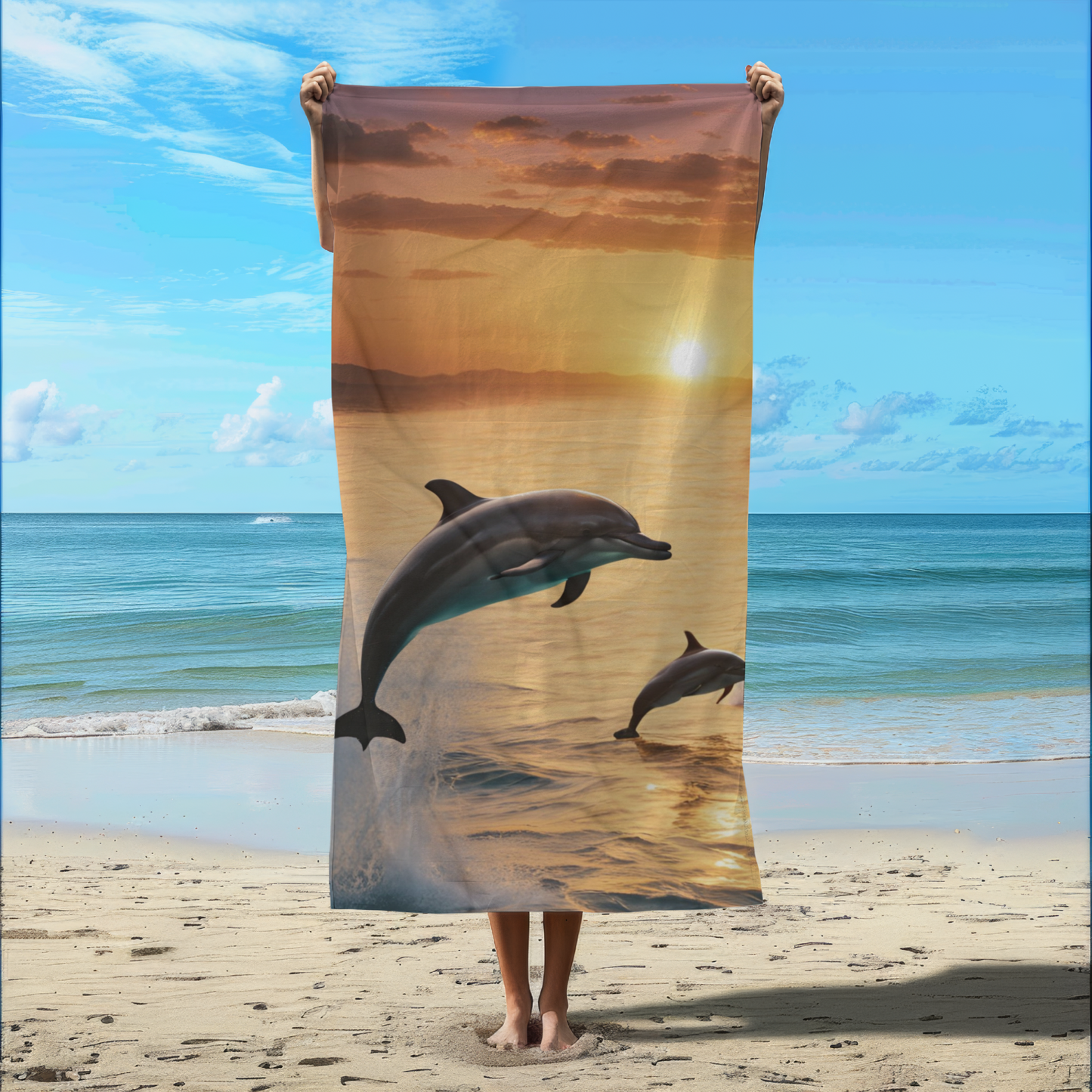 Dolphins Swimming in Ocean Sunset -  Beach Towel