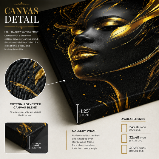 Black Woman Wall Art – Black & Gold Abstract Afrocentric Canvas Print | Luxury Modern African American Art Decor