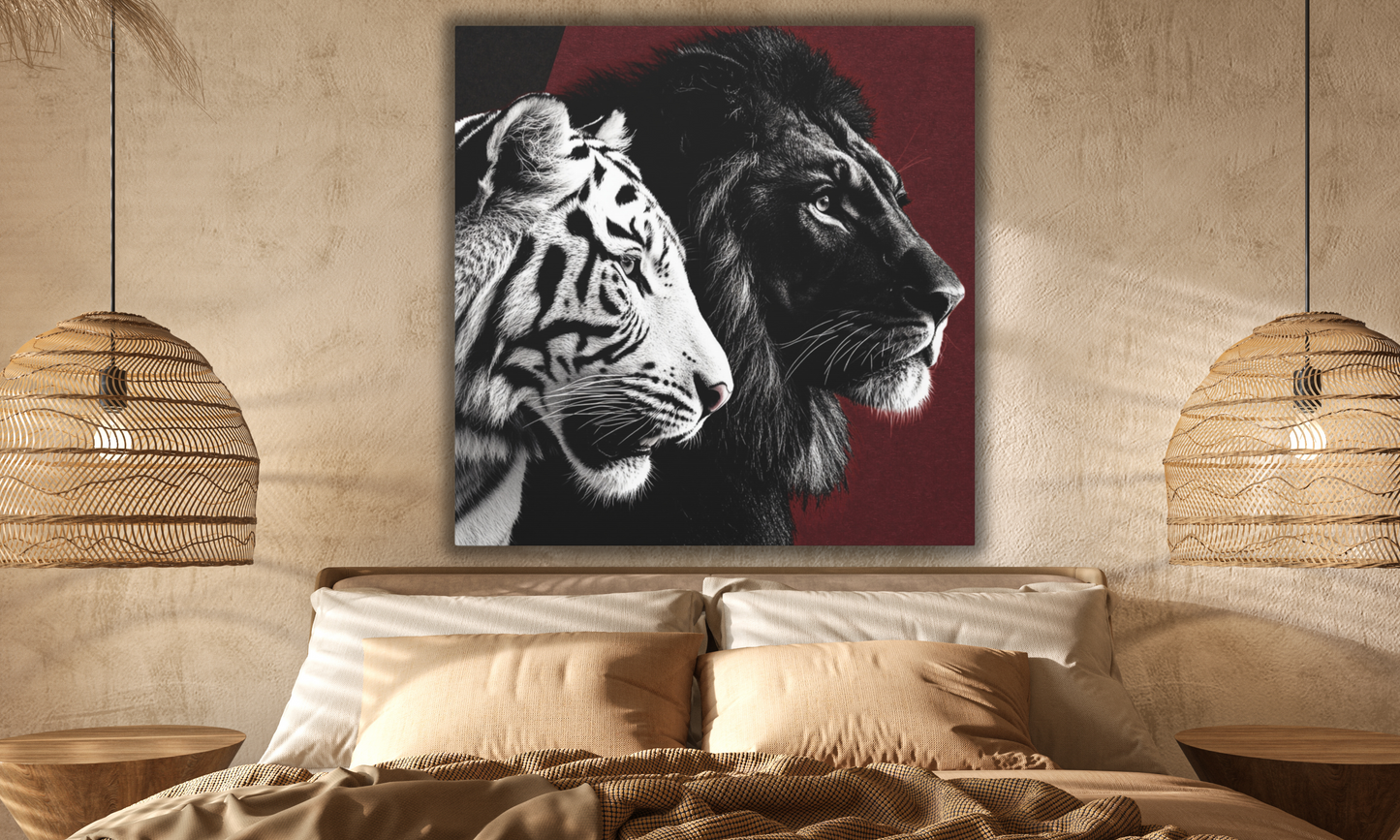 Black and White Lion and Tiger Heads Canvas Art