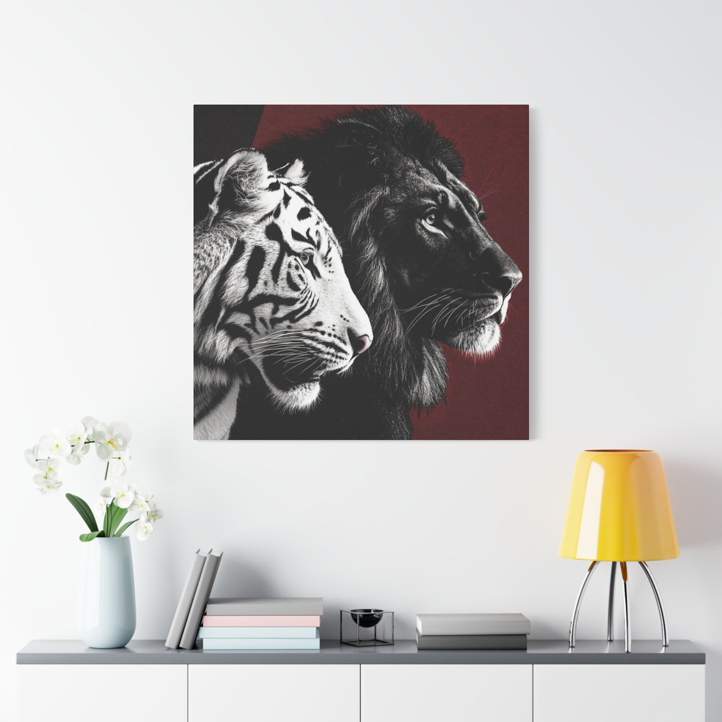 Black and White Lion and Tiger Heads Canvas Art