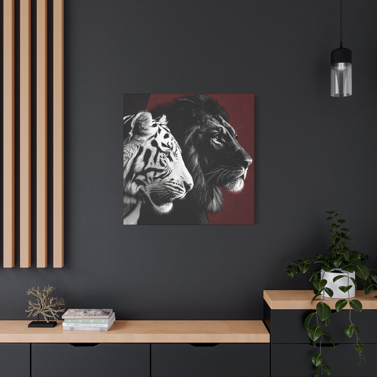 Black and White Lion and Tiger Heads Canvas Art