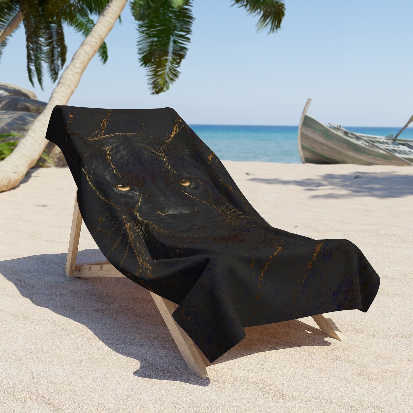 Black Panther Beach Towel – Luxury Gold & Black Abstract Panther