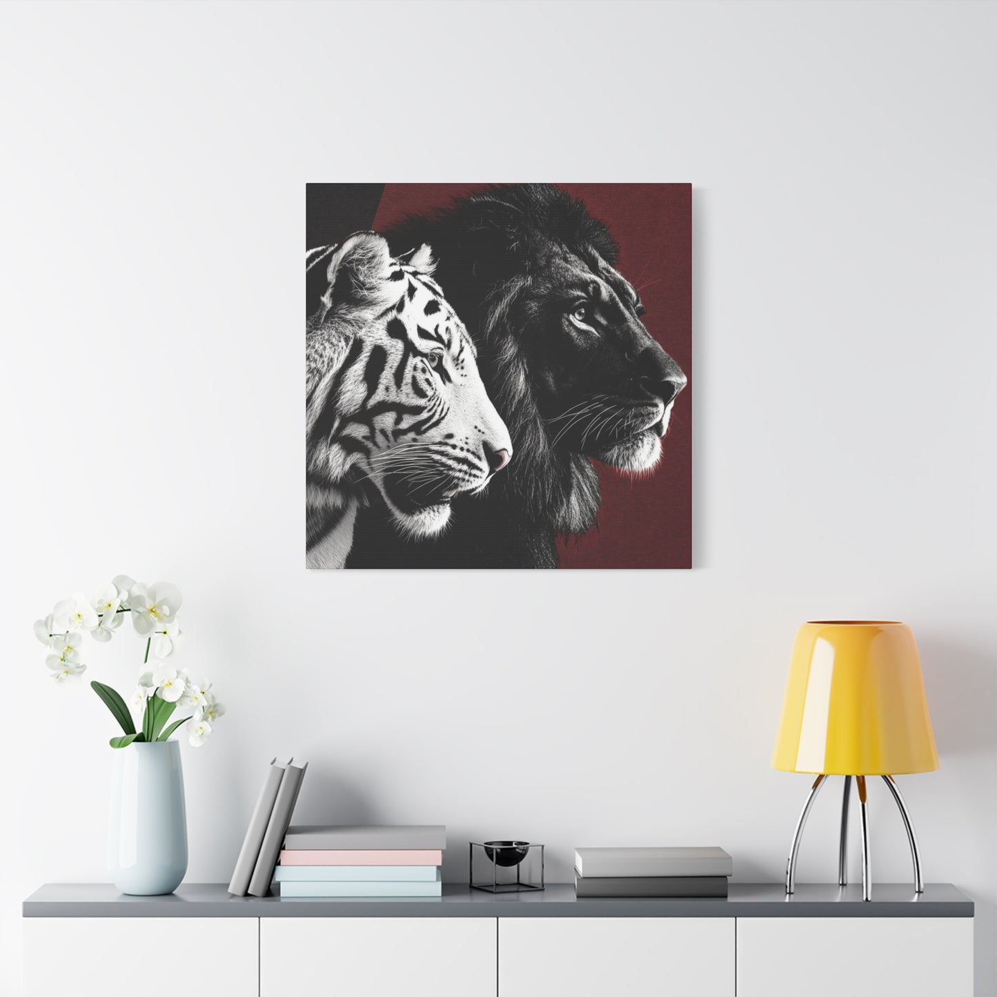 Black and White Lion and Tiger Heads Canvas Art