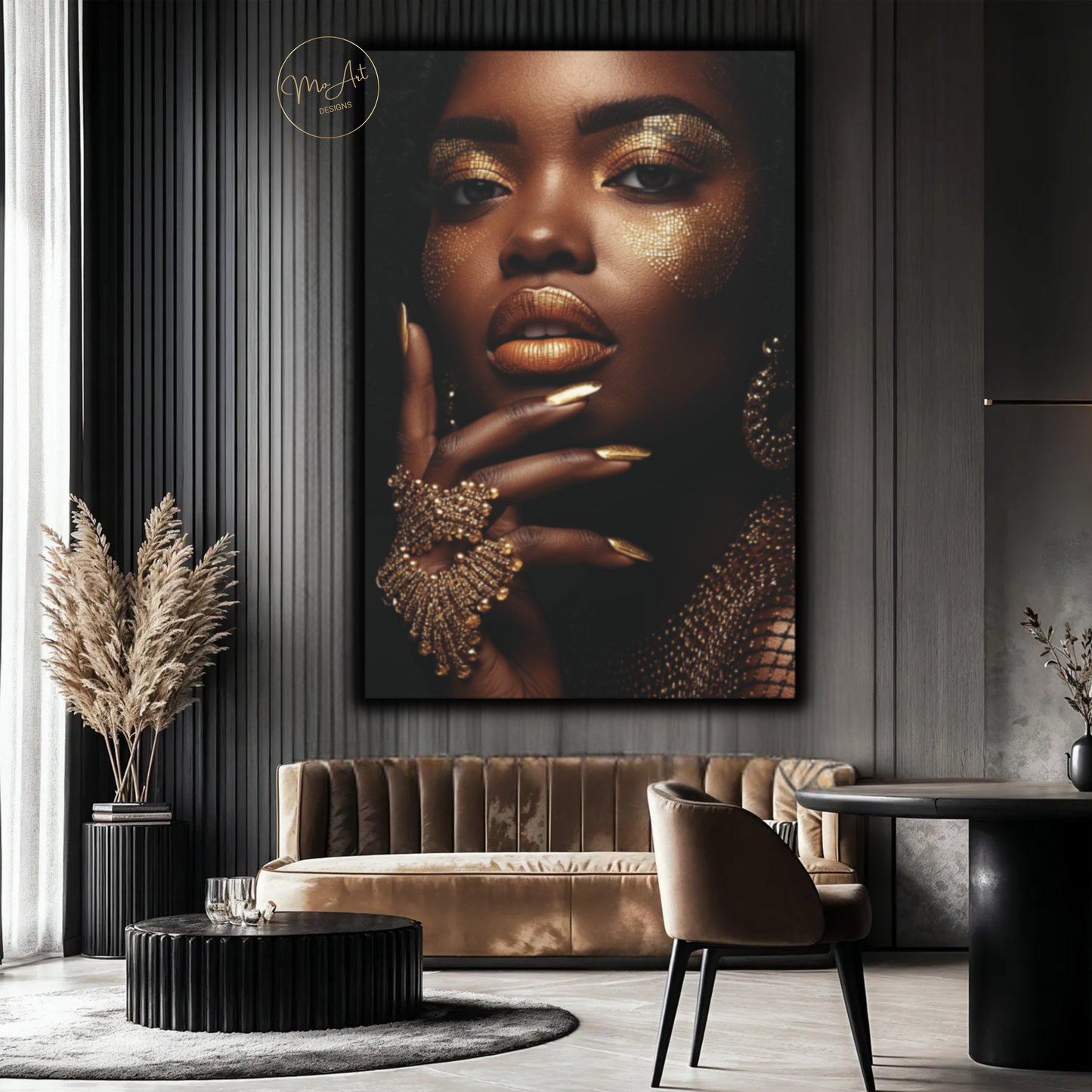 Black Woman Wall Art – Divine Glamour in Gold | Luxury Black & Gold Canvas Print