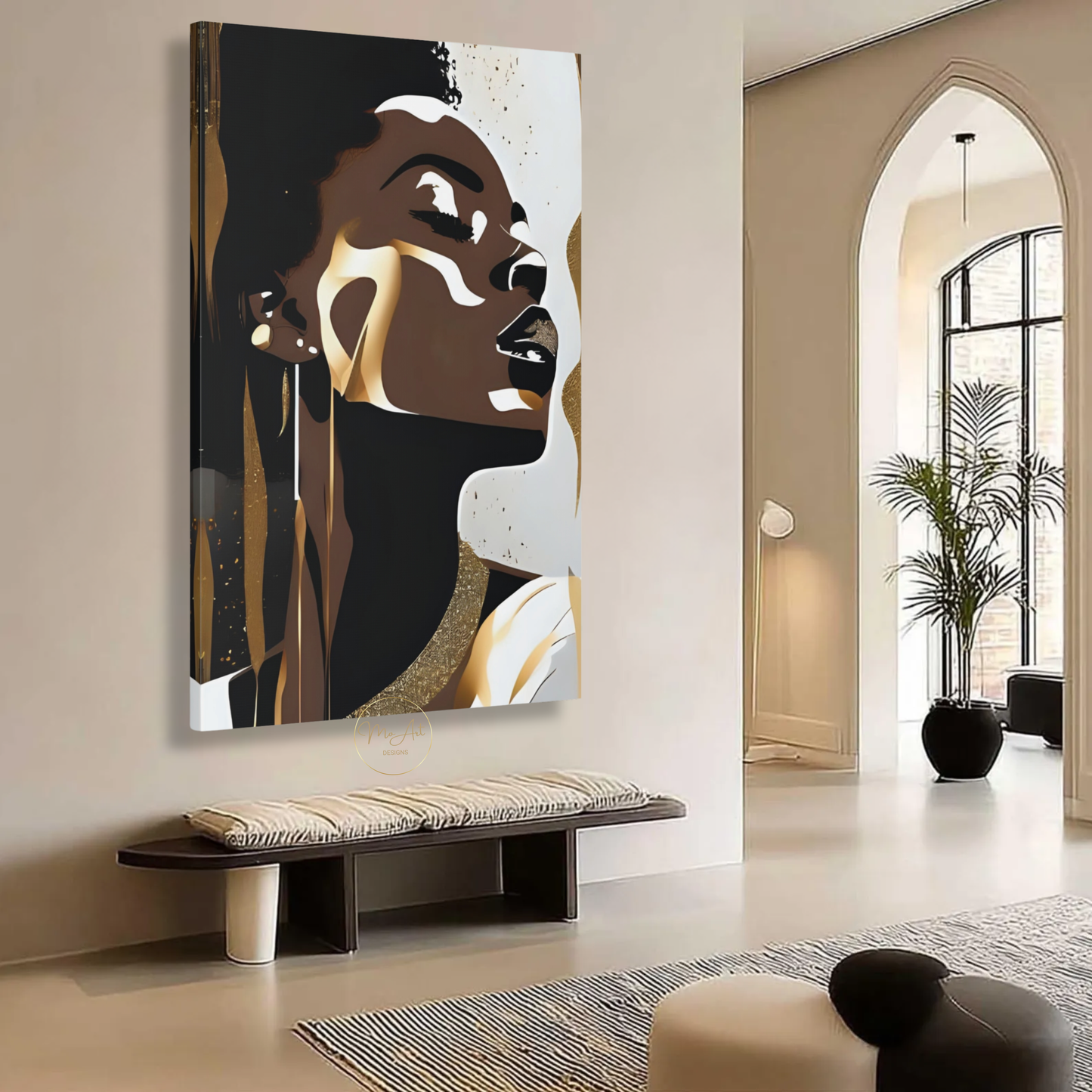 Black Woman Wall Art – Elegant Afrocentric Gold & Neutral Abstract Portrait Canvas Print