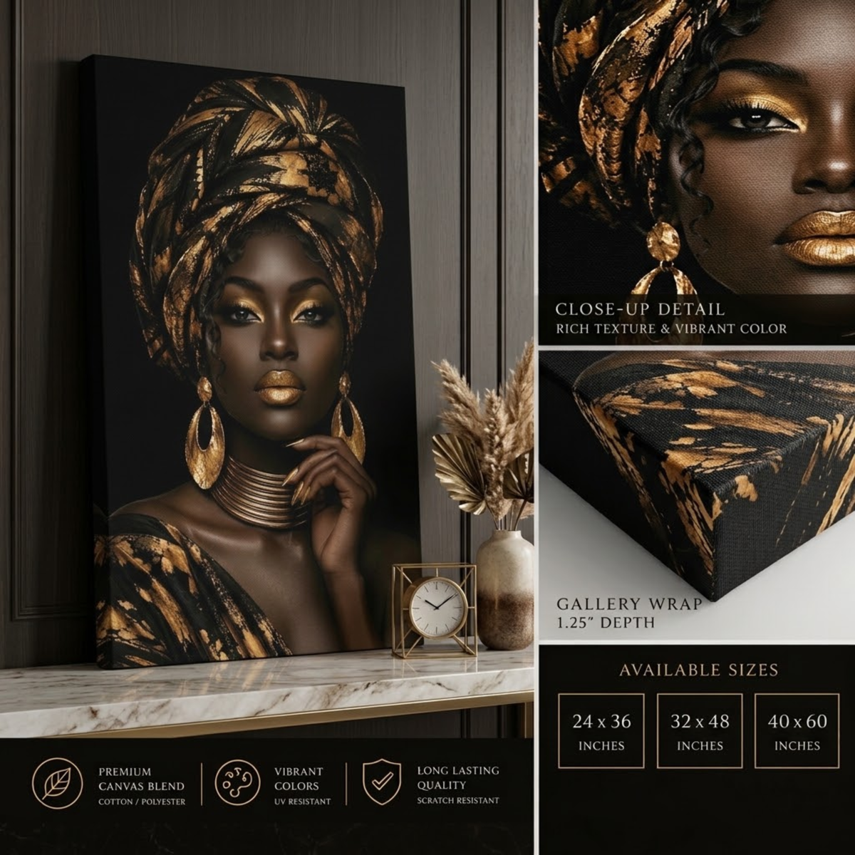 Black Woman Wall Art – Regal Essence | Black & Gold Afrocentric Canvas Print