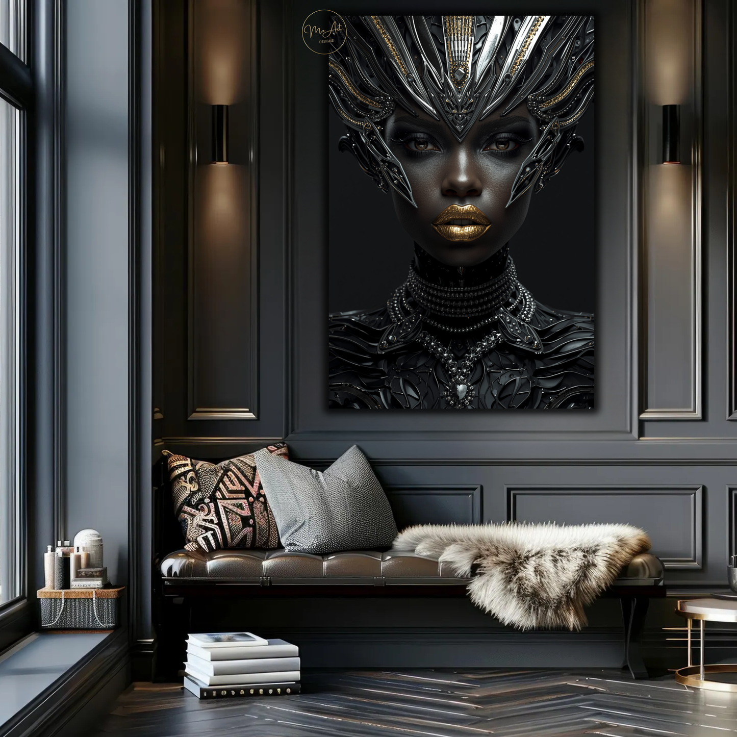 Black Woman Wall Art – Futuristic Afrocentric Warrior Queen / Black & Gold Canvas Print