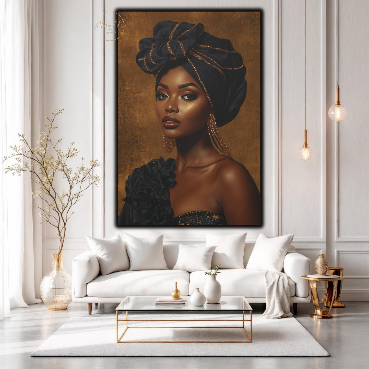 Black Woman Wall Art – Exquisite Beauty in Black & Gold Afrocentric Luxury Canvas Print