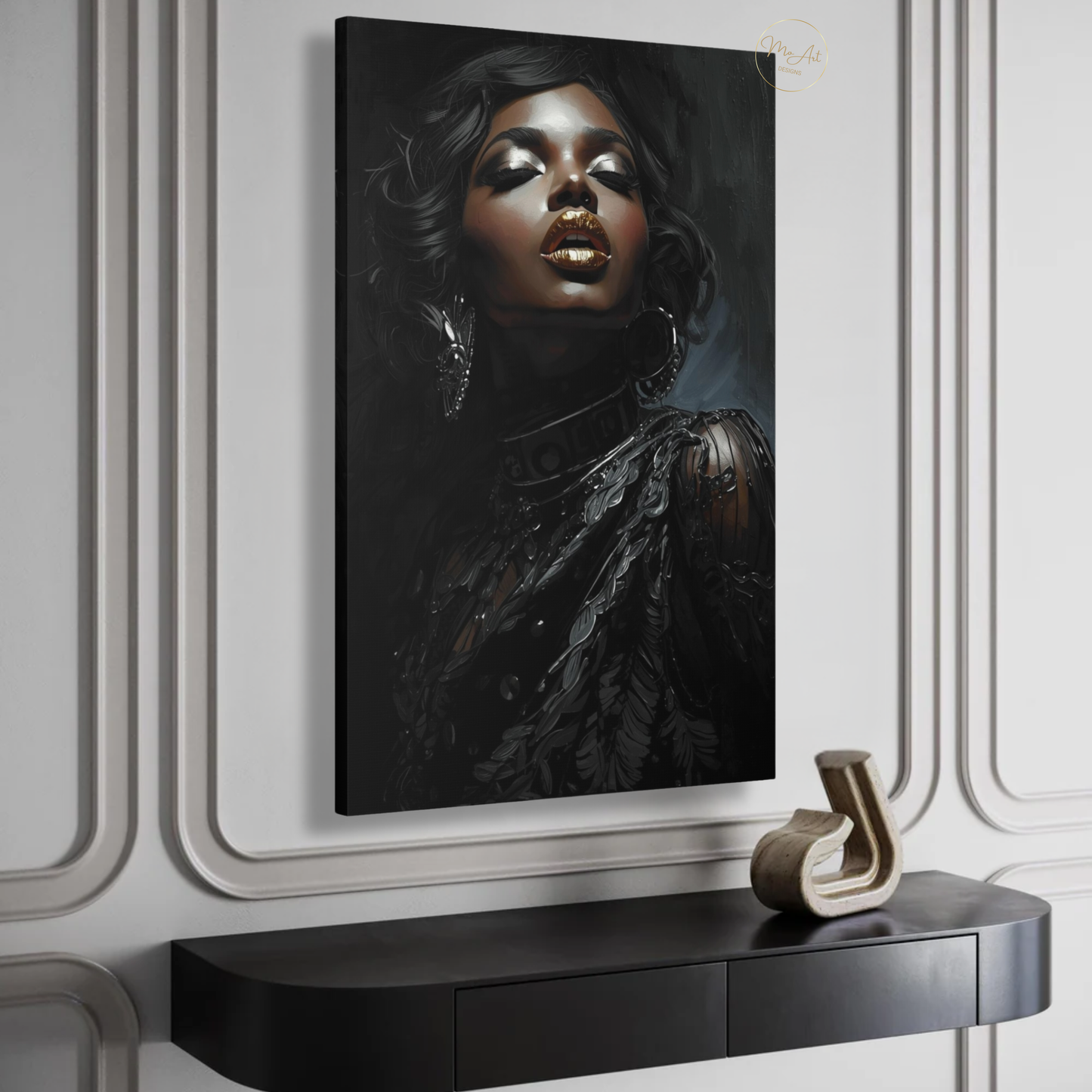 Black Woman Wall Art with Gold Lips – Elegant Afrocentric Canvas Print for Luxury Decor