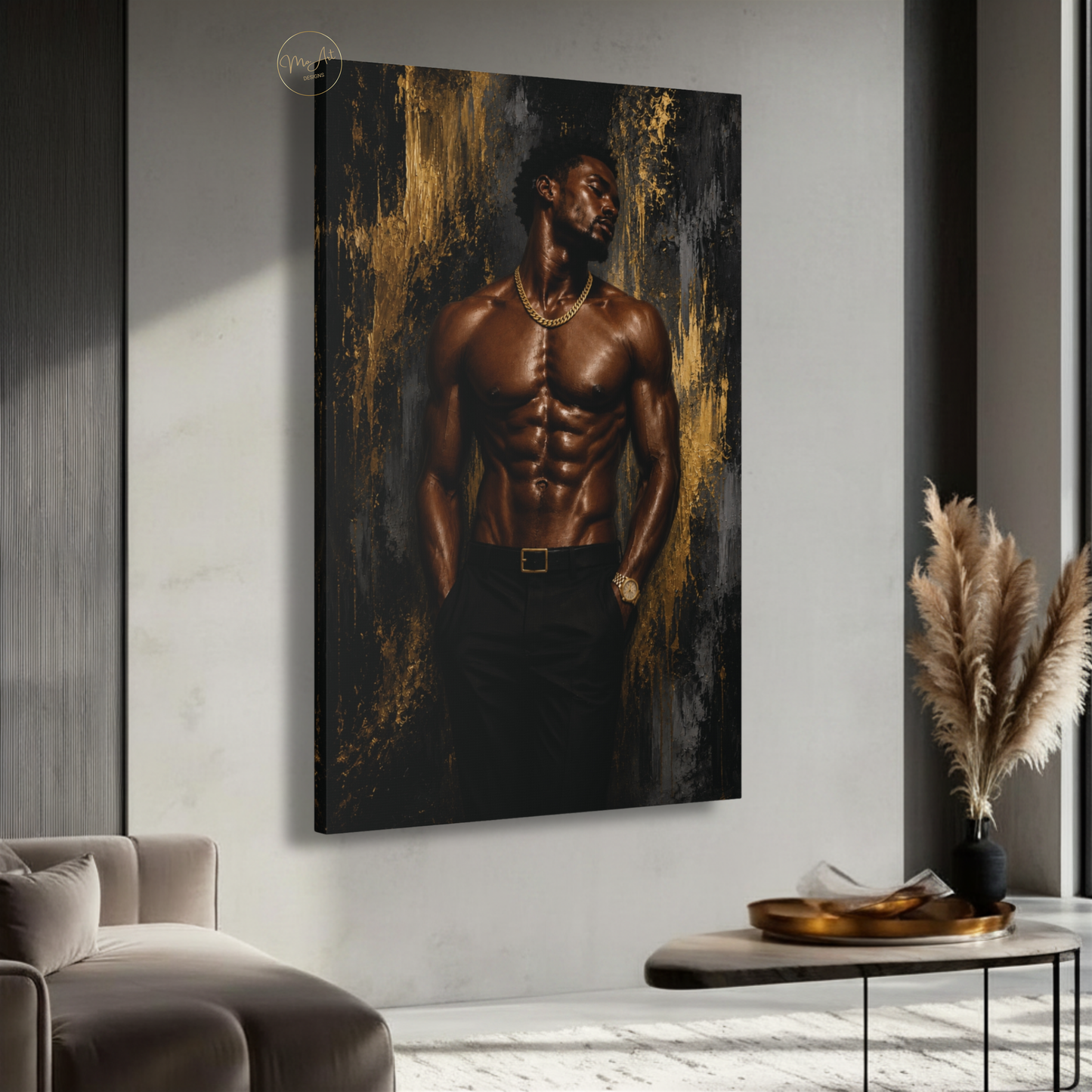Black Man Wall Art – Sensual Black & Gold Abstract Canvas Print | Modern Masculine Decor