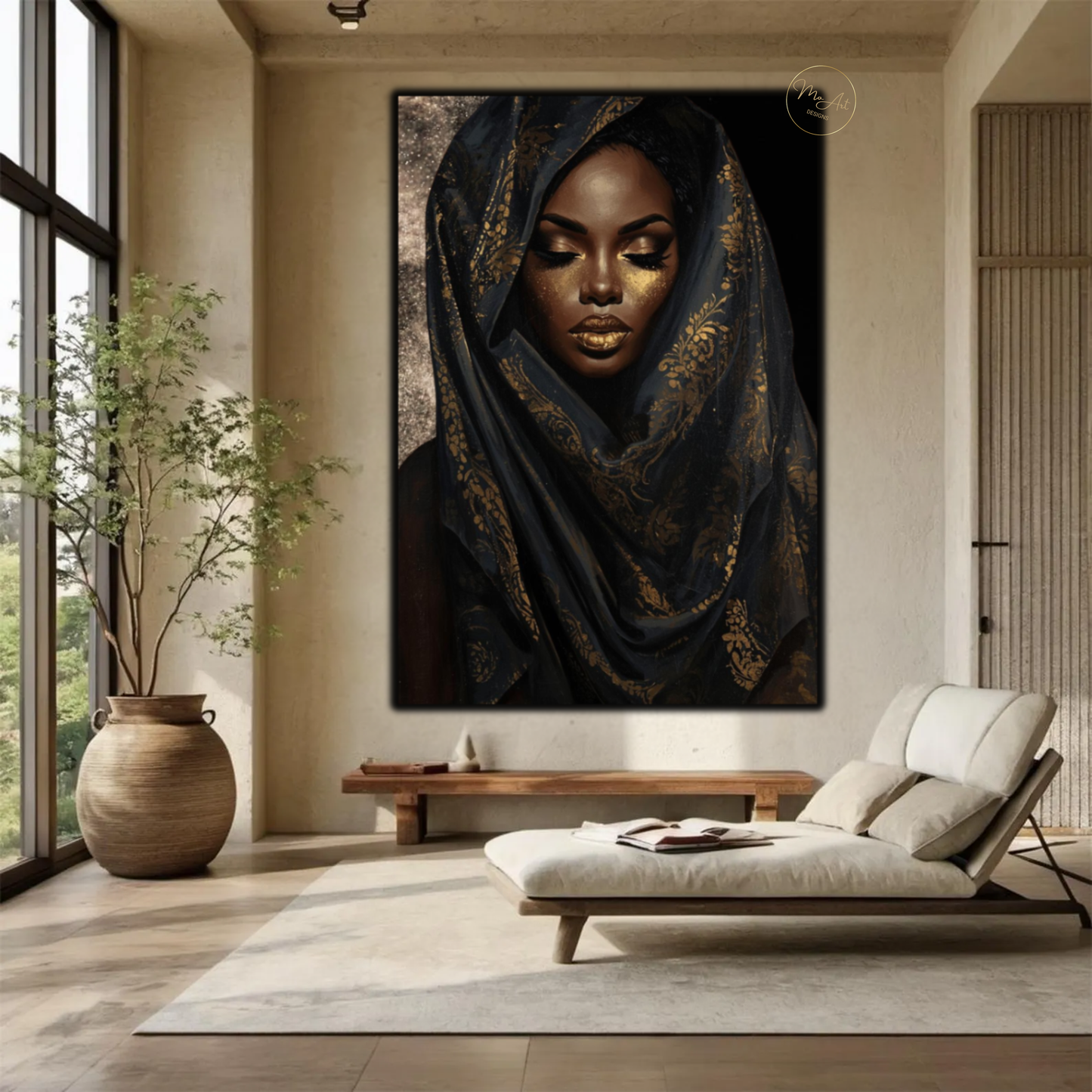 Black Woman Wall Art – Golden Veil Queen | Black & Gold Afrocentric Canvas Print