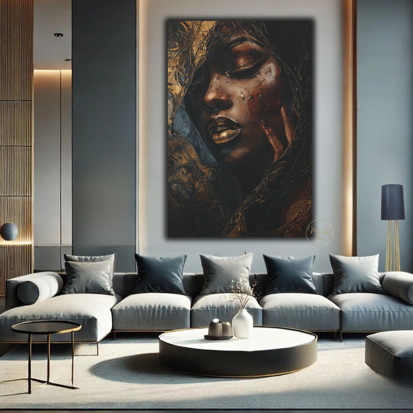 Black Woman Wall Art – Luminous Depth | Black & Gold Luxury Canvas Print