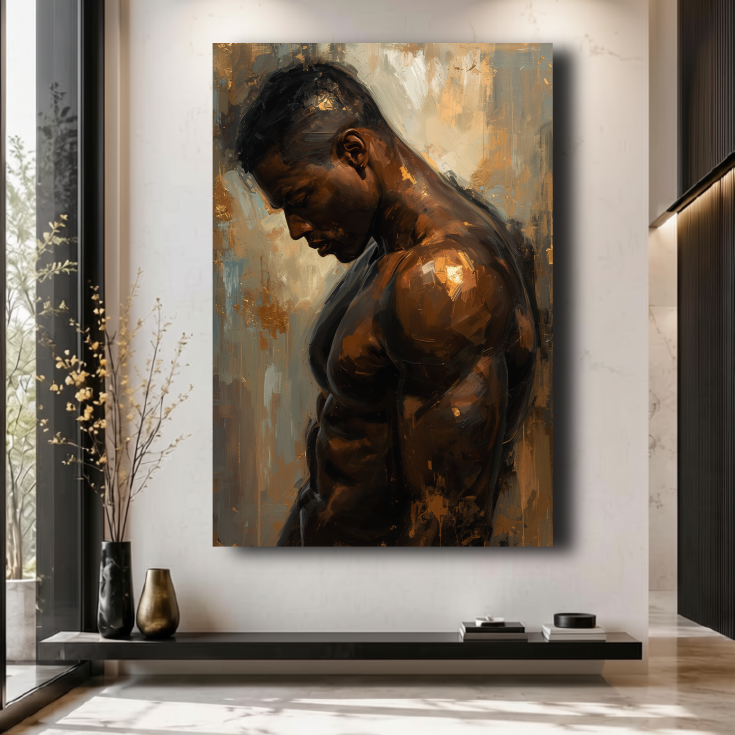 Black Man Wall Art – Sensual Afrocentric Canvas Print  | Modern Black & Gold Masculine Artwork