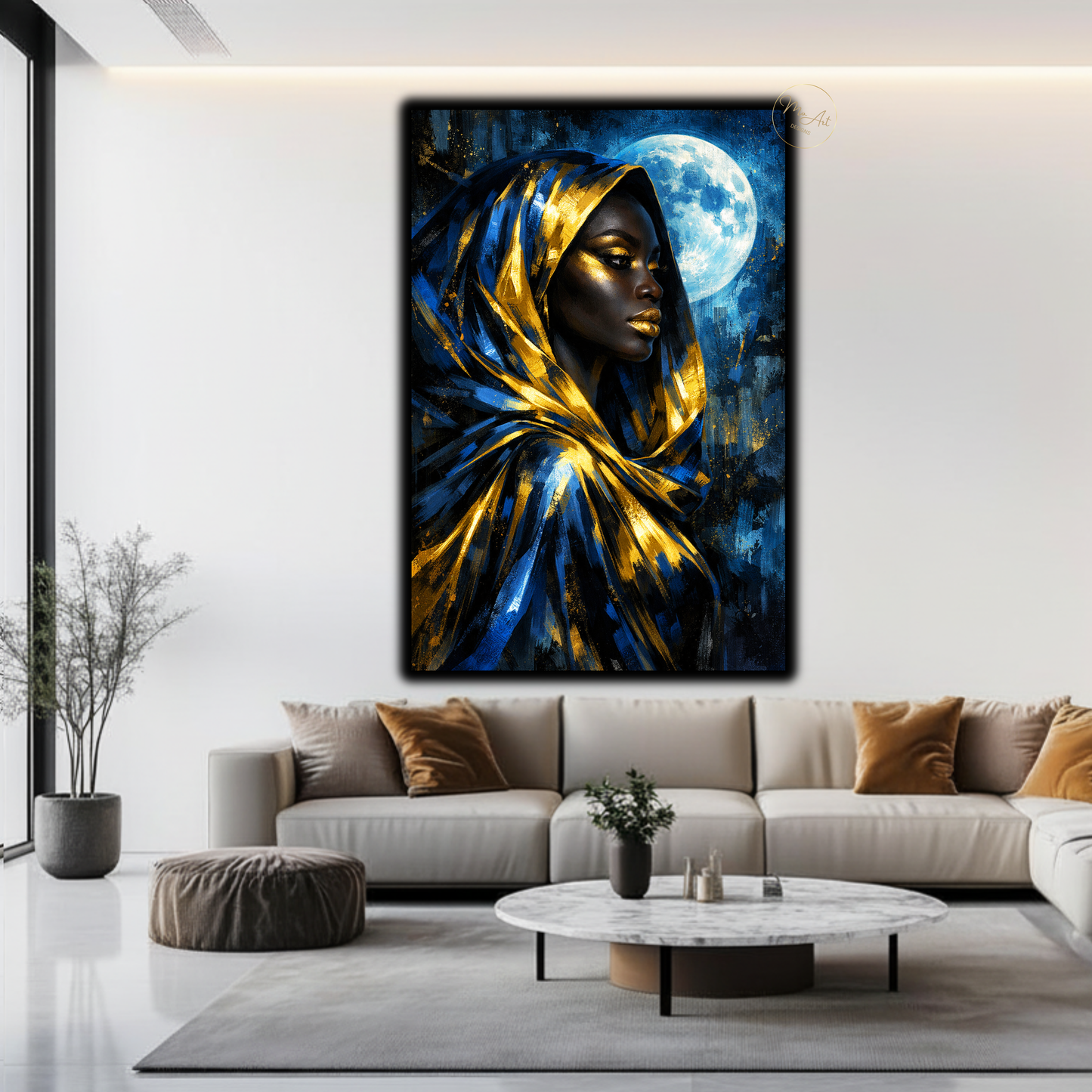 Black Woman Wall Art – Blue & Gold Afrocentric Moon Goddess Canvas Print