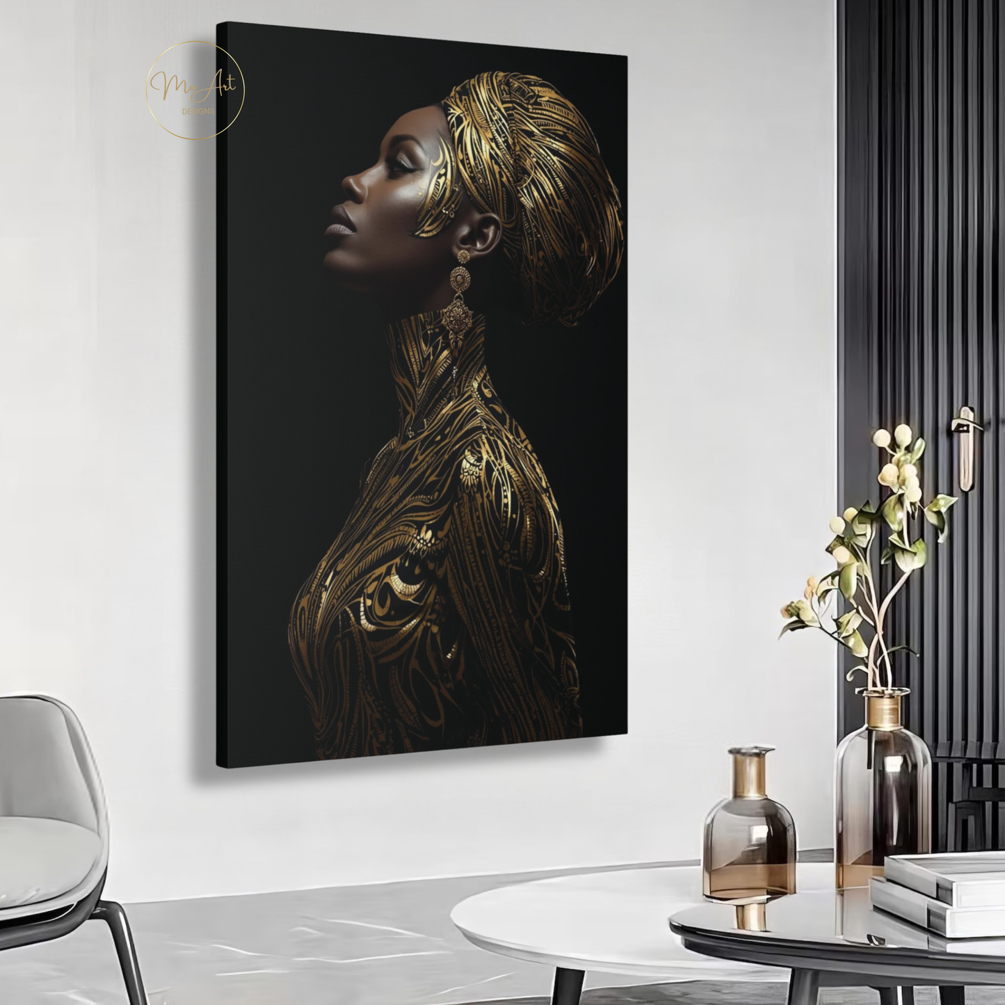 Black & Gold Woman Wall Art – Gilded Grace | Elegant Afrocentric Canvas Print