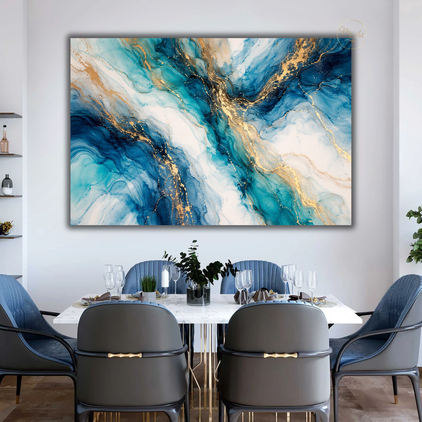 Blue Gold & Turquoise Marble Abstract Wall Art – Luxury Canvas Print