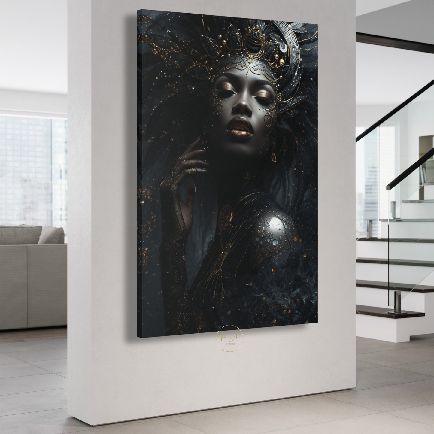 Black Woman Wall Art – Regal Afrocentric Queen | Luxury Black & Gold Canvas Print