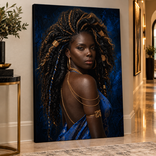 Black Woman Wall Art - Sensual Afrocentric Woman | Blue & Gold Canvas Print