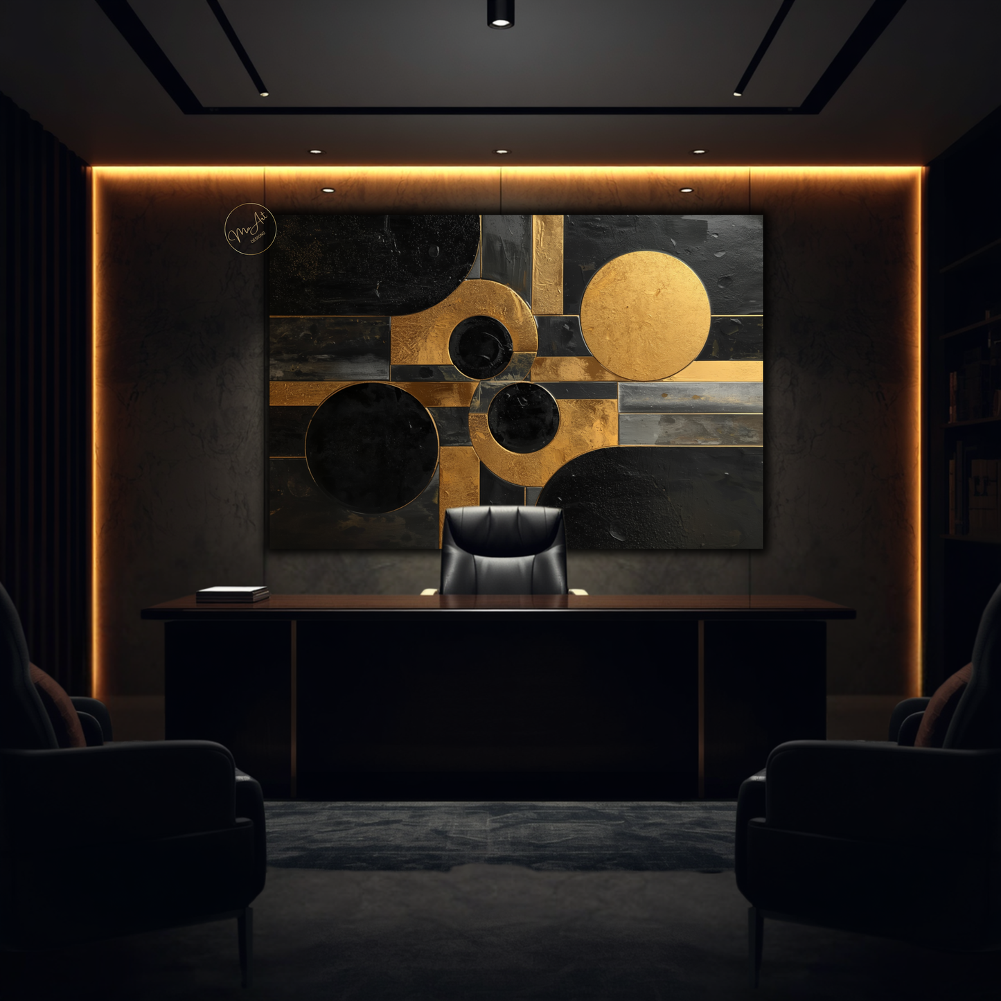 Black & Gold Geometric Abstract Wall Art – Luxury Modern Circle & Square Canvas Print
