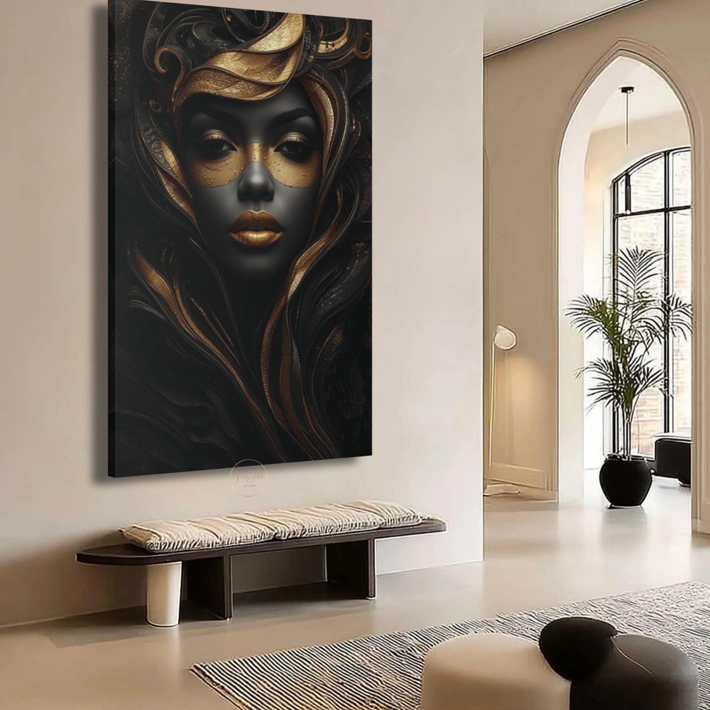 Black Woman Wall Art – Mysterious Black & Gold Afrocentric Canvas Print